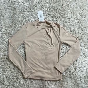 LUSH Twist Neck Top Size Small Long Sleeve From Avara Solid Brown Tan Casual
